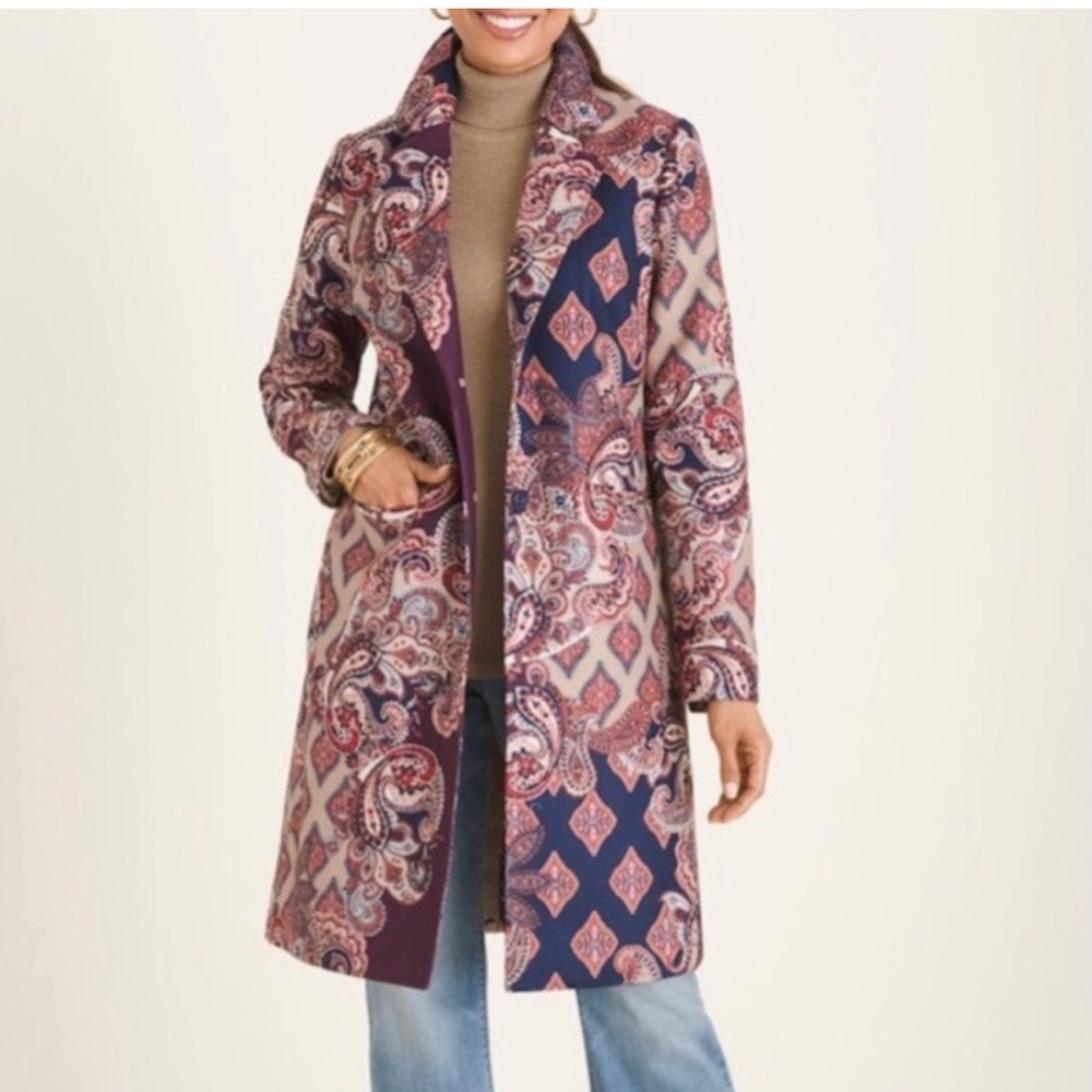 Chicos’s Drama Patch Print Coat Paisley Boho Long Lined Blazer Jacket 3/XL/16
